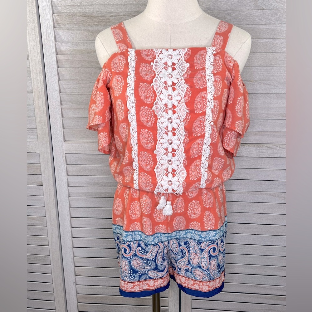 MY MICHELLE Boho Romper Cold Shoulder w Crochet Coral White Blue-XL (Girls)
